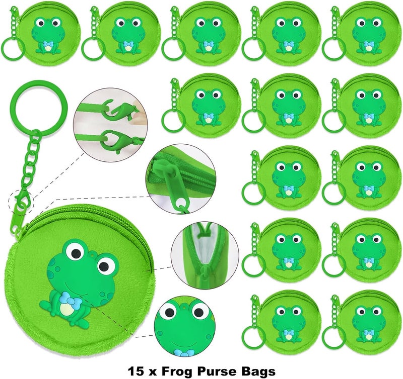 Elecrainbow 15 Pack Frog Mini Coin Purses with Keyring for Green Frog Lover,Baby Shower,First Birthday Reptile Camping Decoration,Green - Image 2
